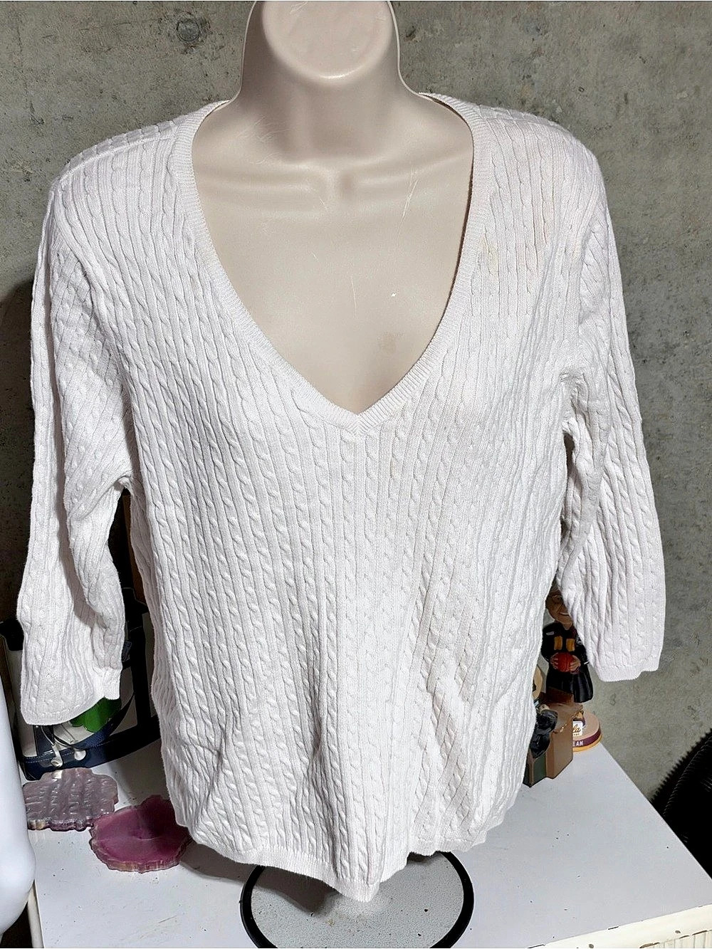 Jeanne Pierre Cable Knit V-Neck Sweater White XL Like New
